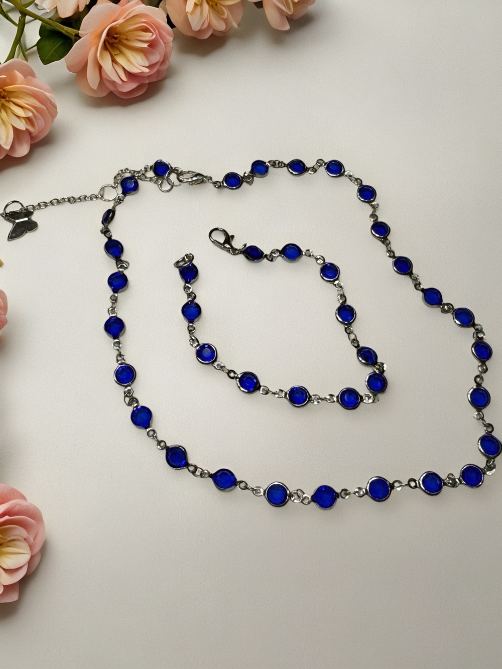 Silver-Tone Necklace & Bracelet Set with Cobalt Blue Stones